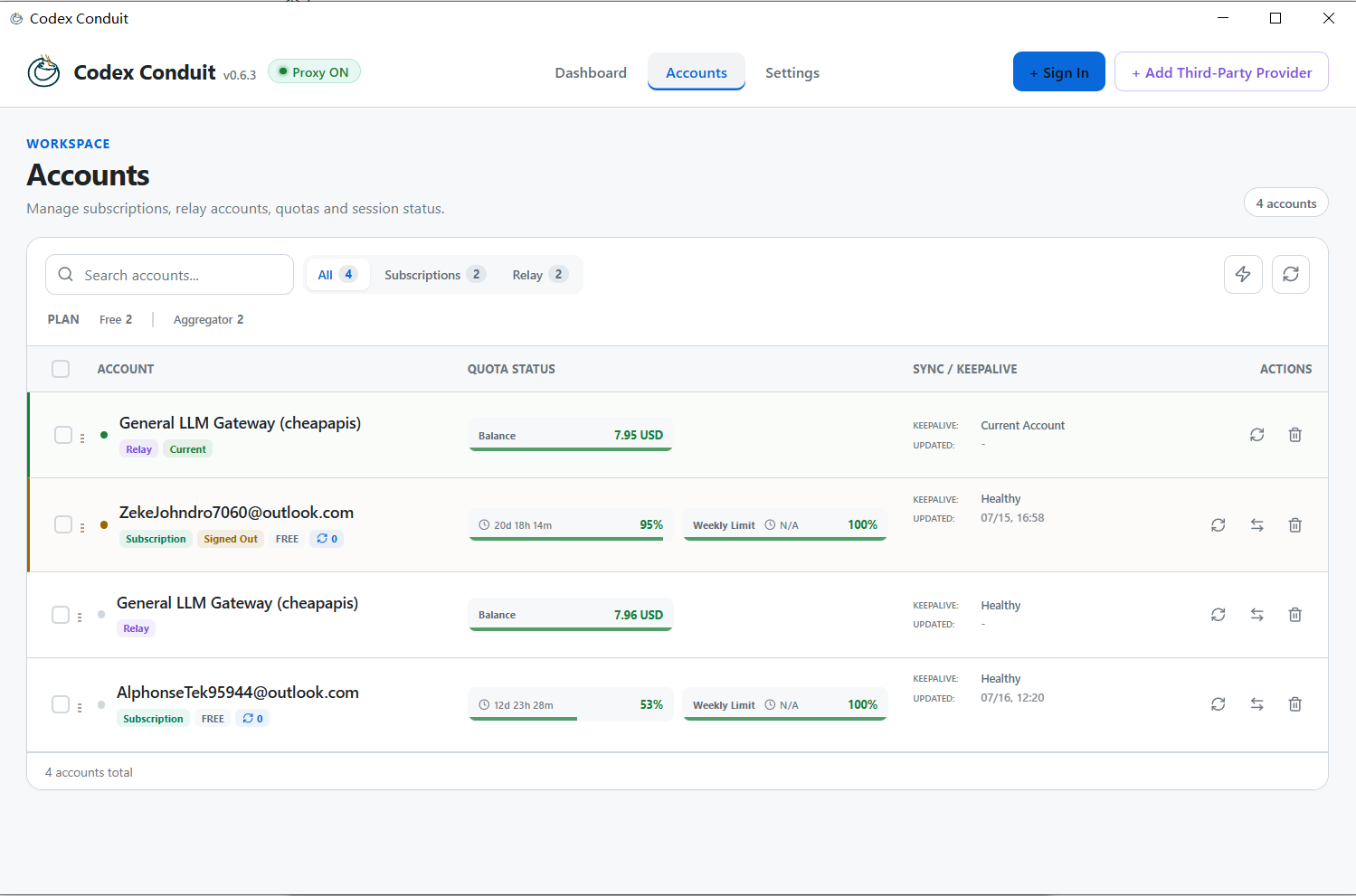 Account list and quota status